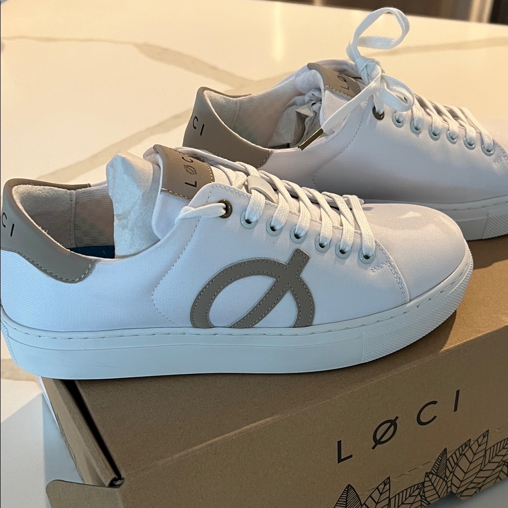 White Sneaker with Taupe Accent - Women's Casual Lace-Up